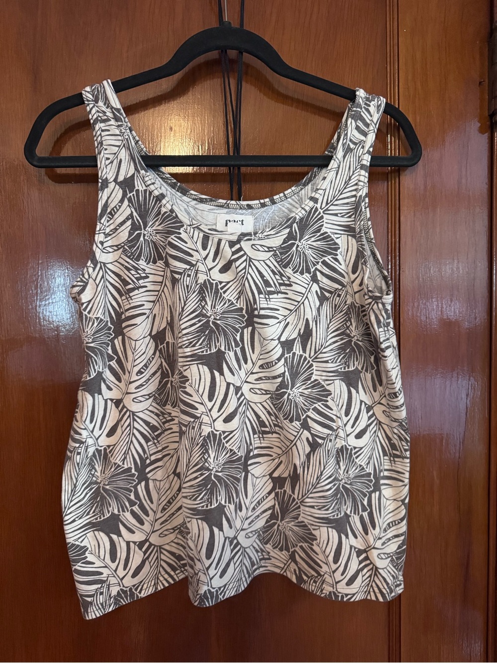 Pact Ecru Tank Top with Gray Tropical Leaf Print